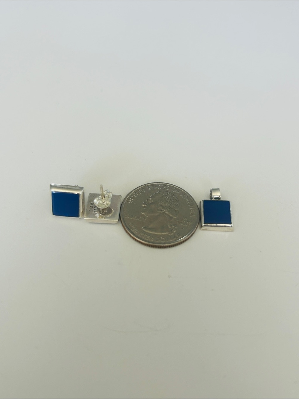 Taxco Mexico 925 Sterling Silver Blue Stud Earrings & Pendant Set 1cm - Picture 6 of 8